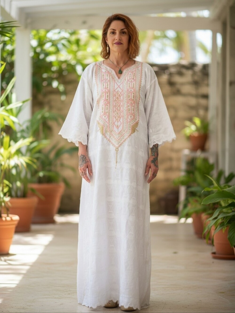 White Embroidered Jacquard Caftan Dress  Bohemian Bridal Resort Wear Kaftan XL